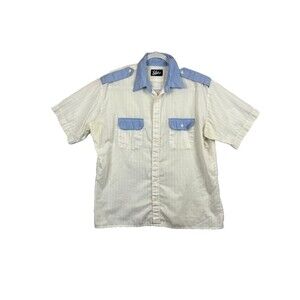 Vintage Blair Shirt Mens Button Up SS Shoulder Tabs White Blue Pockets (Stained)